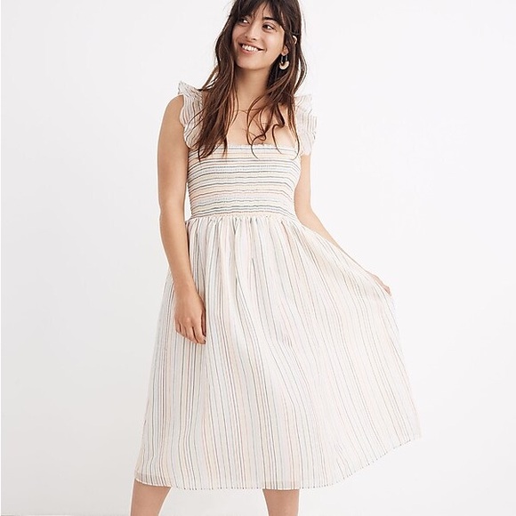 Madewell Ruffle Strap Smocked Dress in Rainbow Stripe Size XXS - Picture 1 of 5